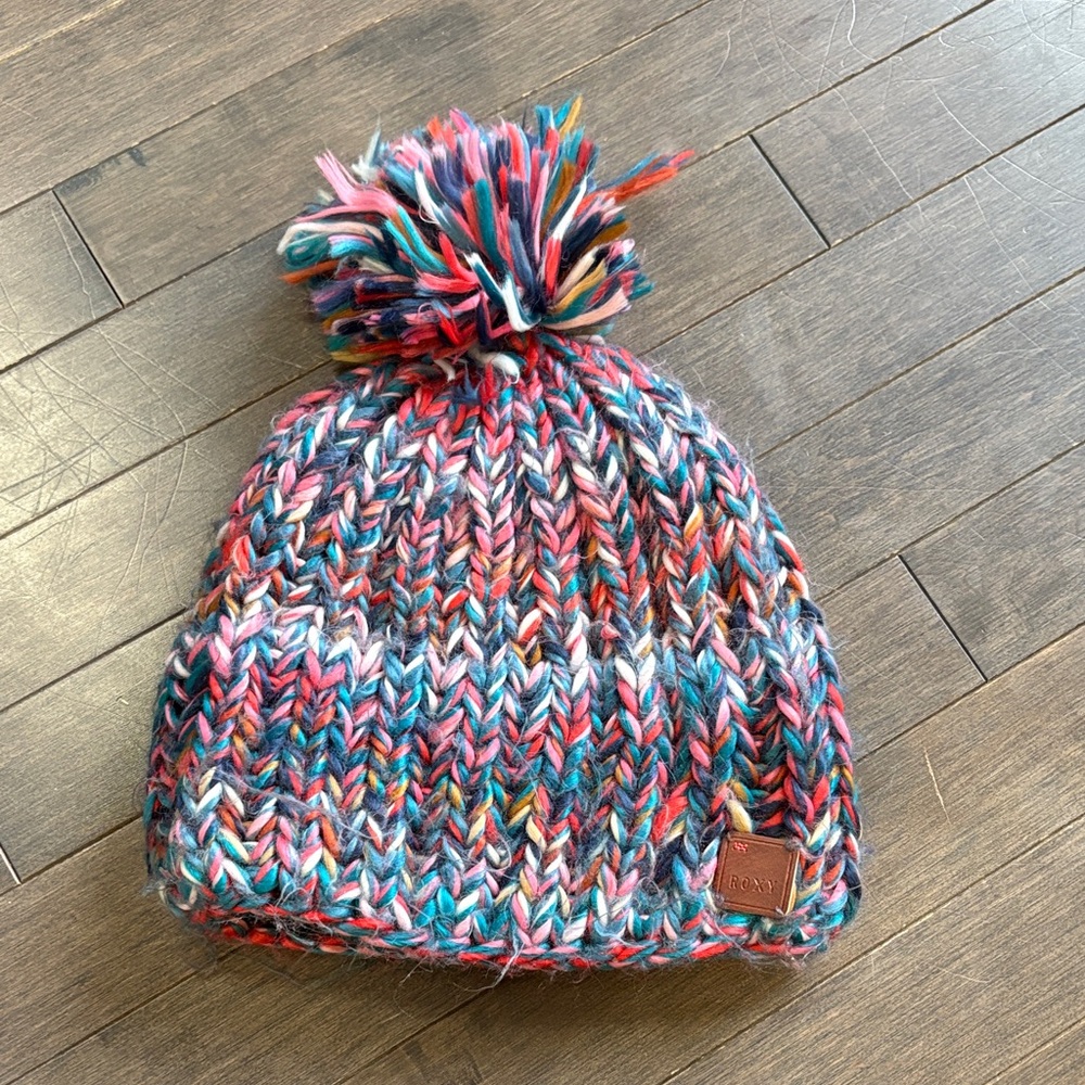 Roxy Multicolor Knit Beanie with Pom-Pom
